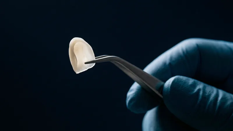 Faceta de porcelana segurada pela ponta de uma pinça clínica