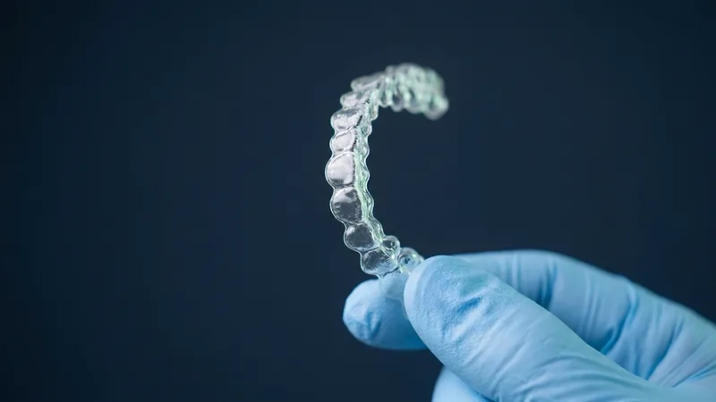 Alinhador transparente segurado por uma mão com luva
